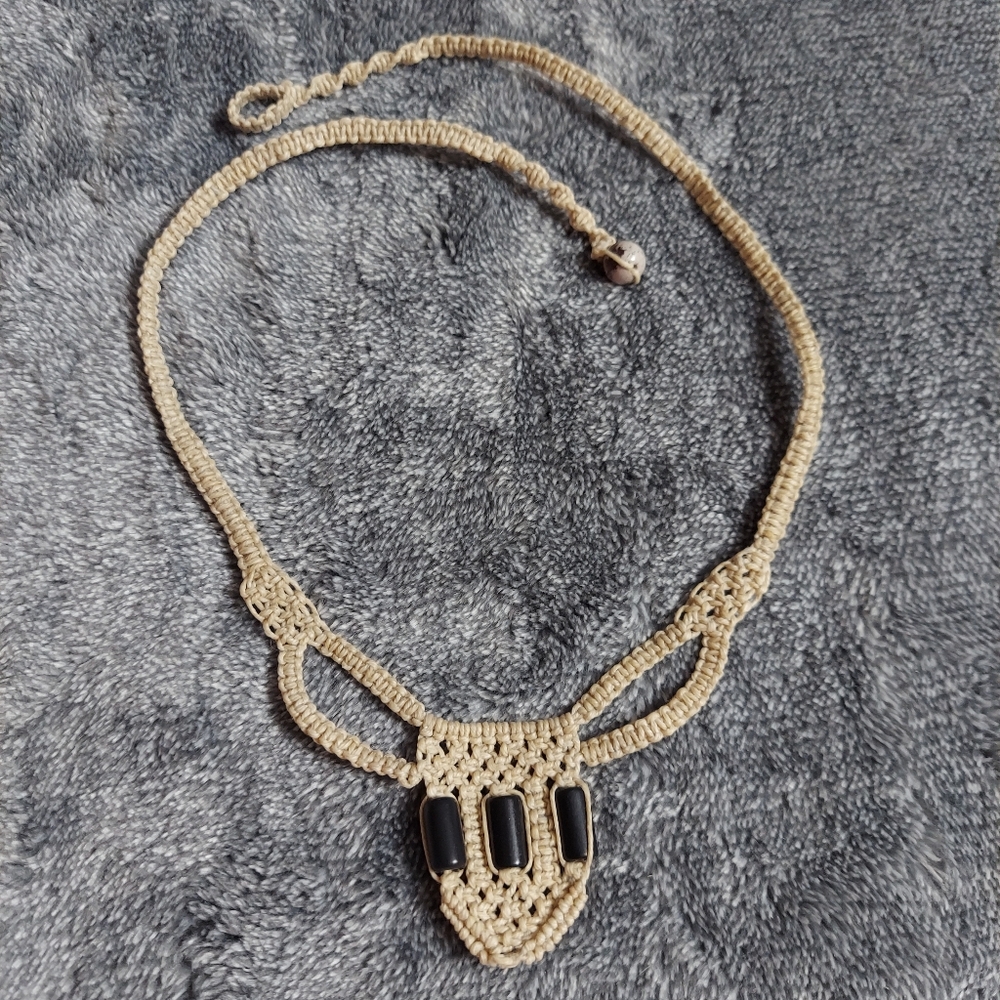 MACRAME Black Beaded Natural Cream Necklace